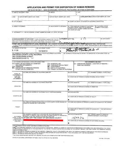 Application and permit for disposition of Human Remains Application and permit for disposition of Human Remains